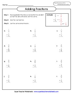 Adding Fractions Worksheet (Unlike Denominators)  2 Worksheet