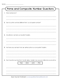 Prime & Composite Questions Factors Worksheet