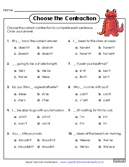 Contraction Choices Phonics Worksheet