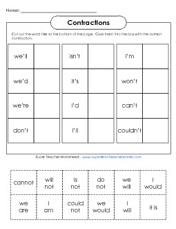 Contractions: Cut & Paste Activity 1 Phonics Worksheet