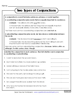 Coordinating and Subordinating Conjunctions Worksheet