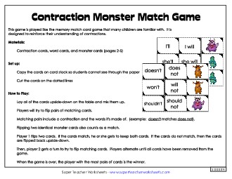 Contraction Monster Match Game Phonics Worksheet