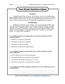 Beach/Mountain: Compare/Contrast 2nd Grade Reading Comprehension Worksheet