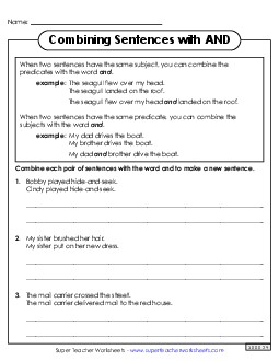 Combining Sentences with AND Free Conjunctions Worksheet