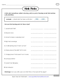 Hink Pinks: Level A-1 Free Brainteasers Worksheet