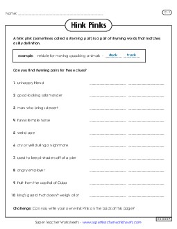 Hink Pinks: Level C-1 Brainteasers Worksheet