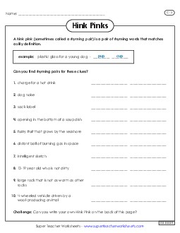 Hink Pinks: Level C-3 Brainteasers Worksheet