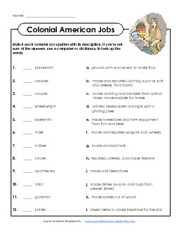 Colonial American Jobs Free Worksheet