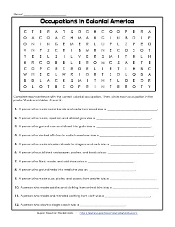 Occupations Word Find Colonial America Worksheet