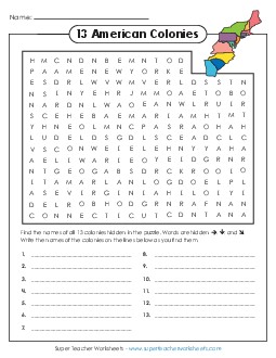 Word Search Puzzle Free Colonial America Worksheet