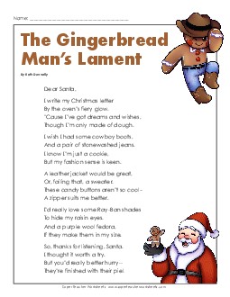 Gingerbread Man\'s Lament (Poem) Reading Comprehension Worksheet