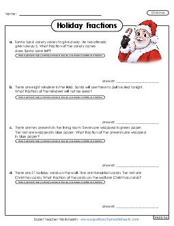 Christmas Fractions Word Problems Math Worksheet