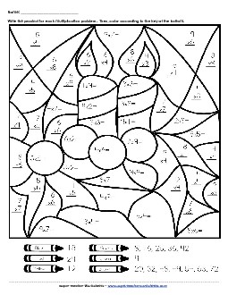 Basic Multiplication Mystery Picture (Candle) Christmas Worksheet