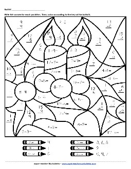 Basic Subtraction Mystery Picture (Candle) Christmas Worksheet