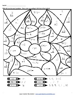 Basic Addition Mystery Picture (Candle) Christmas Worksheet