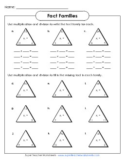 Fact Family Triangles (Up to 12s) Number Families Worksheet