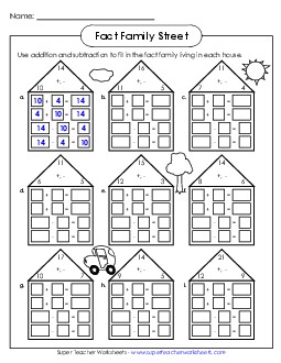 Fact Family Houses #1 Free Number Families Worksheet