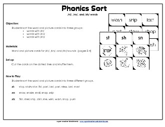 ST, SN, and SH Sorting Cards Phonics Words With Worksheet