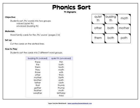 Phonics TH Sort Phonics Words With Worksheet