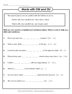 Sentences: OU and OW Phonics Words With Worksheet