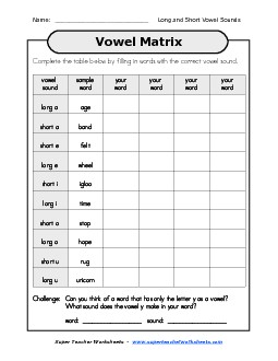 Vowel Matrix Phonics Worksheet