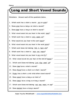 Long & Short Vowel Questions Phonics Worksheet