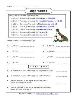 Underlined Digit (7-Digit) Place Value Worksheet