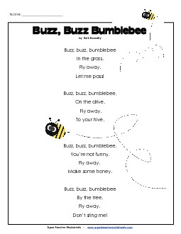 Buzz, Buzz Bumblebee Reading Comprehension Worksheet