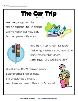 Car Trip 1st Grade Reading Comprehension Worksheet