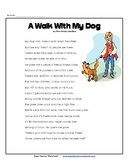 Walk With My Dog 3rd Grade Reading Comprehension Worksheet