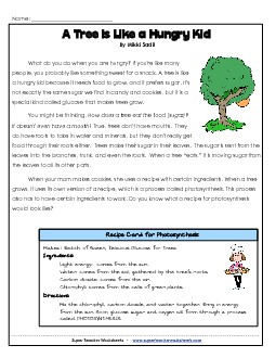 Article: Photosynthesis Free 4th Grade Reading Comprehension Worksheet