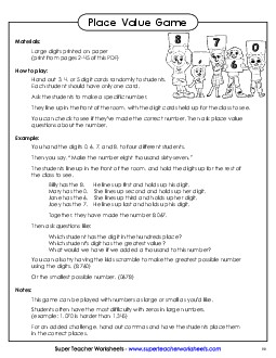 Digit Game Place Value Worksheet