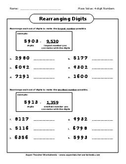 Rearranging Digits (4-Digit) Place Value Worksheet