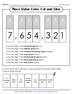 Place Value Color, Cut, & Paste Activity (7-Digits) Free Worksheet