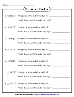 Place and Value Worksheet (8-Digits) Place Value Worksheet