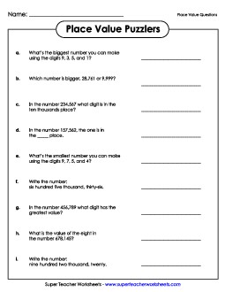 Place Value Puzzlers Worksheet