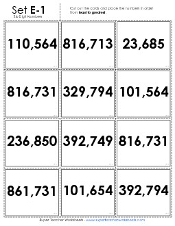 Ordering: Card Sort Game (6-Digit) Place Value Worksheet