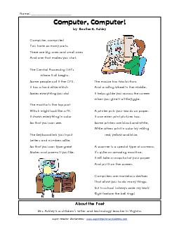 Computer Poem 3rd Grade Reading Comprehension Worksheet