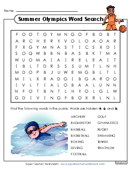 Summer Olympics Word Search Free Worksheet