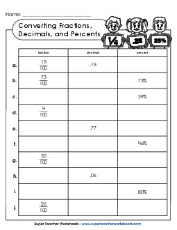 Converting Decimals, Fractions, and Percents (Basic) Free Worksheet