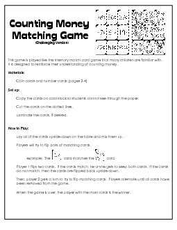 Game: Counting Money Memory Worksheet