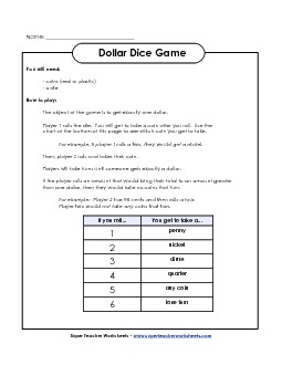 Game: Dollar Dice Counting Money Worksheet