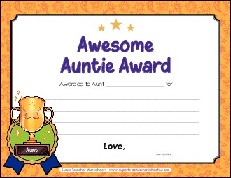 Awesome Auntie Award Free Mothers Day Worksheet