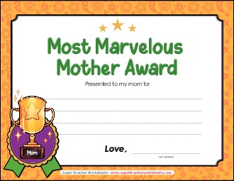 Most Marvelous Mother Award Awards Worksheet