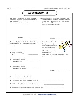 Mixed Math: D1 Free Word Problems Worksheet