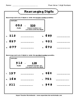 Rearranging Digits (3 Digit) Place Value Worksheet