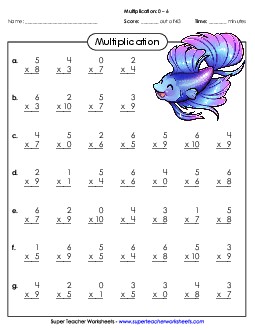 Multiplication Basic Facts 0 - 6 Worksheet