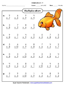 Multiplication Basic Facts 0 - 9 Worksheet