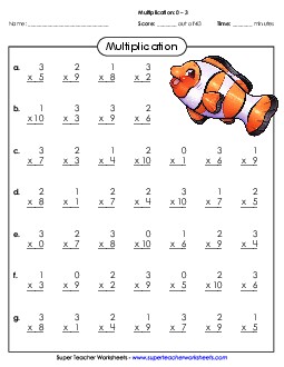 Multiplication Basic Facts 0 - 3 Free Worksheet