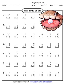 Multiplication Basic Facts 0 - 10 Worksheet